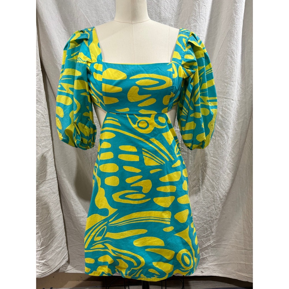 Alexis Bodhi Mini Dress Yellow Teal Abstract Cut Out Puff Sleeve Size XS